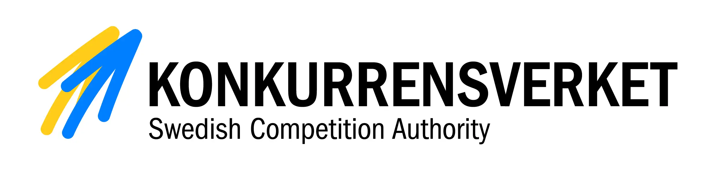 konkurrensverkets logga två uppåtgående pilar en gul och en blå följt av svart text på vit bakgrund