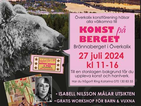 Affisch för evenmanget Konst på berget med en vybild av Överkalix i bakgrunden med textrutor och fotografier