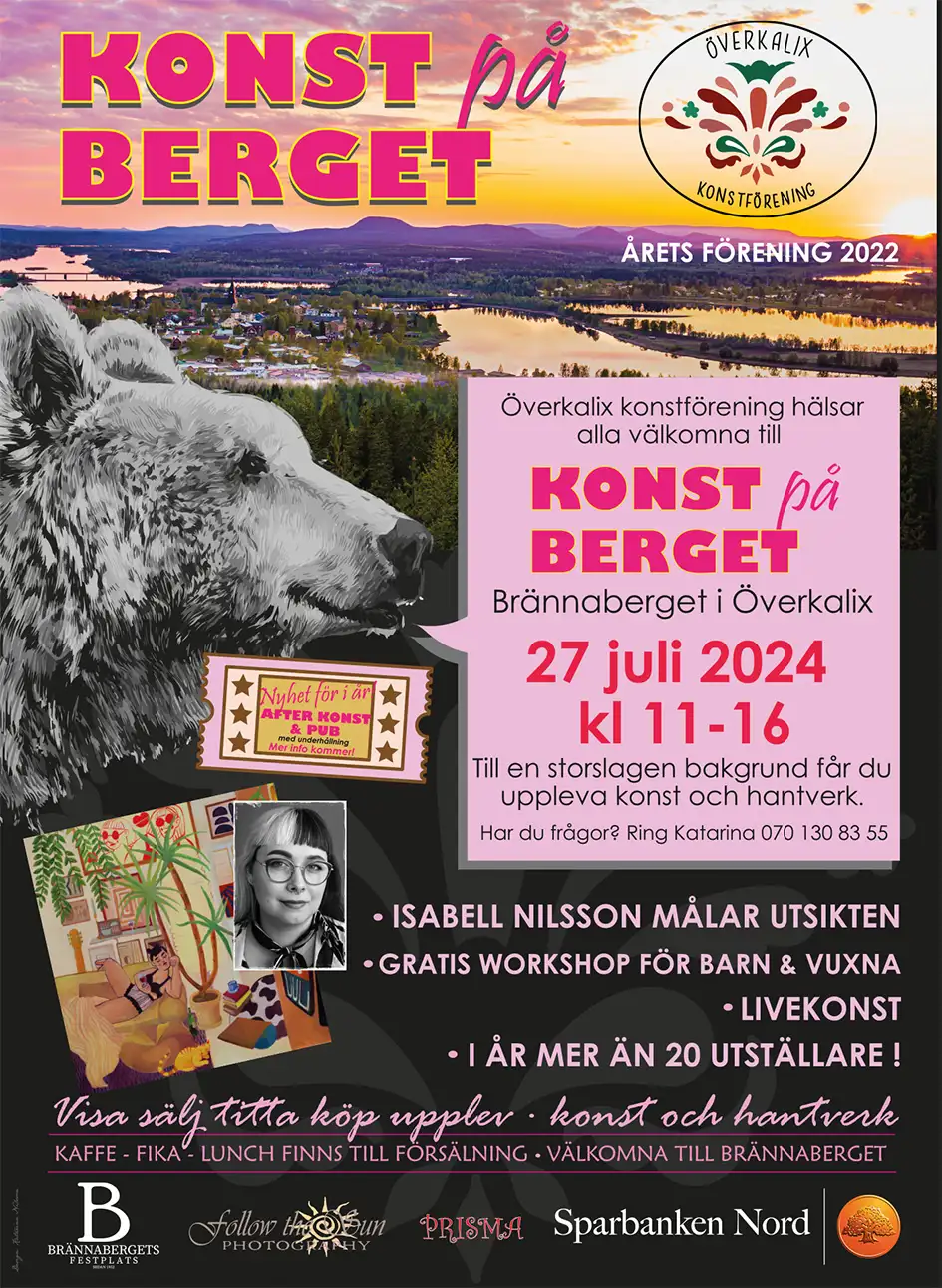 Affisch för evenmanget Konst på berget med en vybild av Överkalix i bakgrunden med textrutor och fotografier