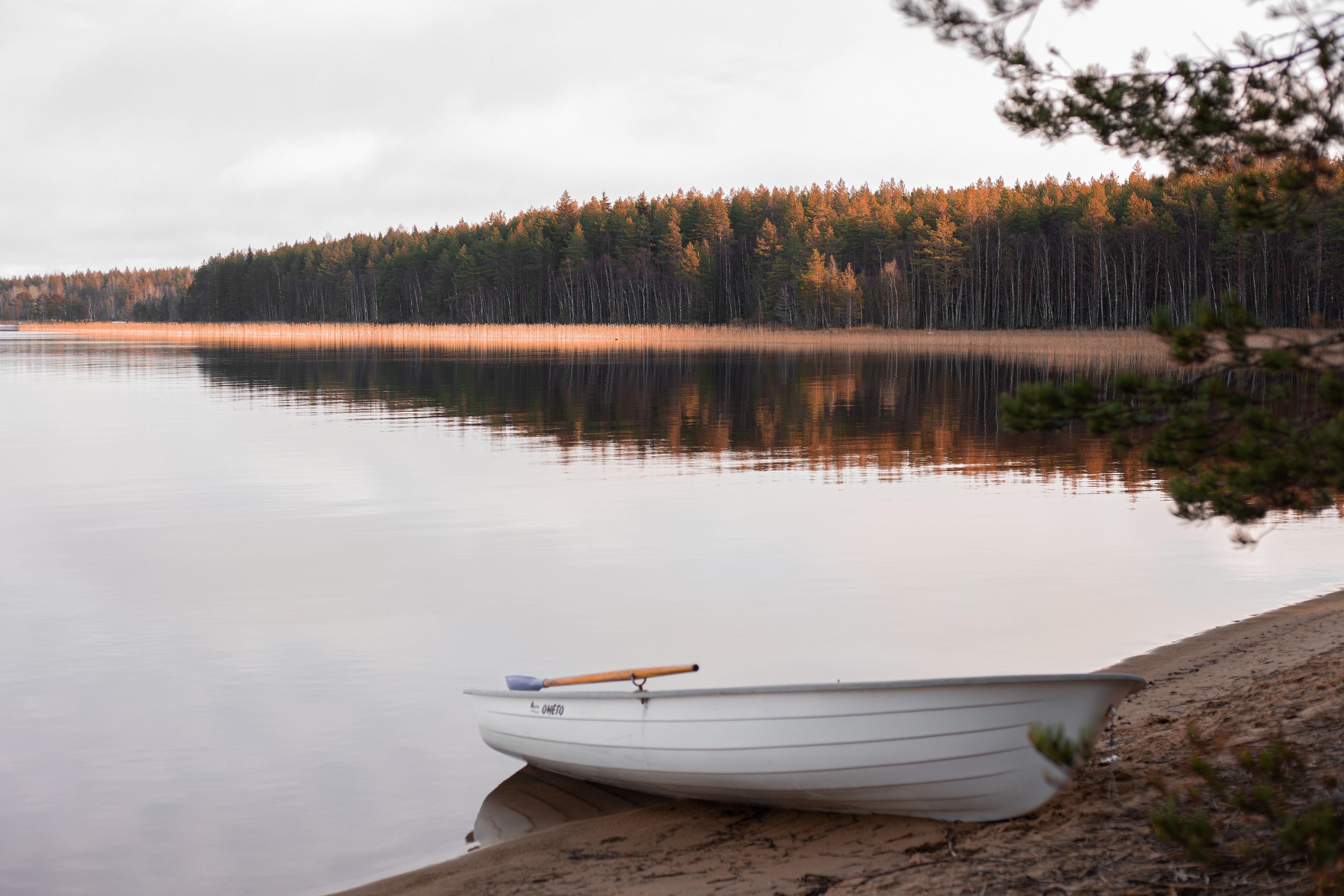 Bild av strand med båt.