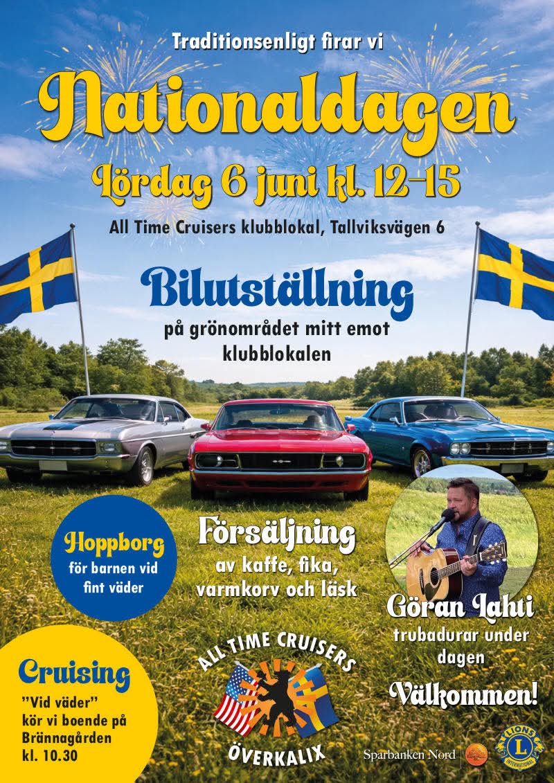 Välkommen att fira Sveriges nationaldag med All Time Cruisers. För barnen finns en hoppborg utomhus vid fint väder. Trubaduren Göran Lahti spelar musik under dagen. Det kommer att finnas kaffe, fika, varmkorv och läsk till försäljning och vid väder kör föreningen cruising med boende på Brännagården klockan 10.30.