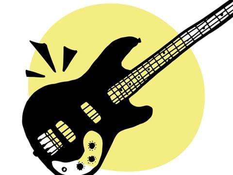 Bilden visar en svart gitarr på en gul bakgrund.
