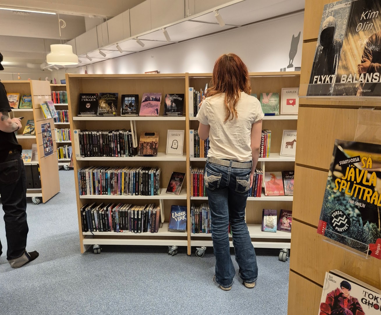 en person står mot en bokhylla och tittar på böcker