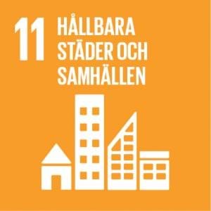 En grafisk bild på vita hus och text mot en gul bakgrund, mål nummer 11 av de glokala målen: Hållbara städer och samhällen.
