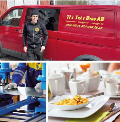tredelad bild med en man framför en röd firmabil, en frukostdukning och en industribild