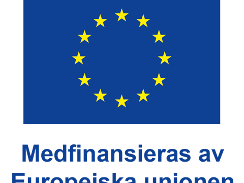 bilden visar blå flagga med gula stjärnor, eu-flagga och texten Medfinansieras av Europeiska unionen