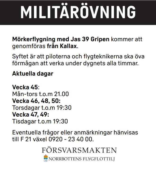 Annons för Militärövning och beskrivning av mörketflygning