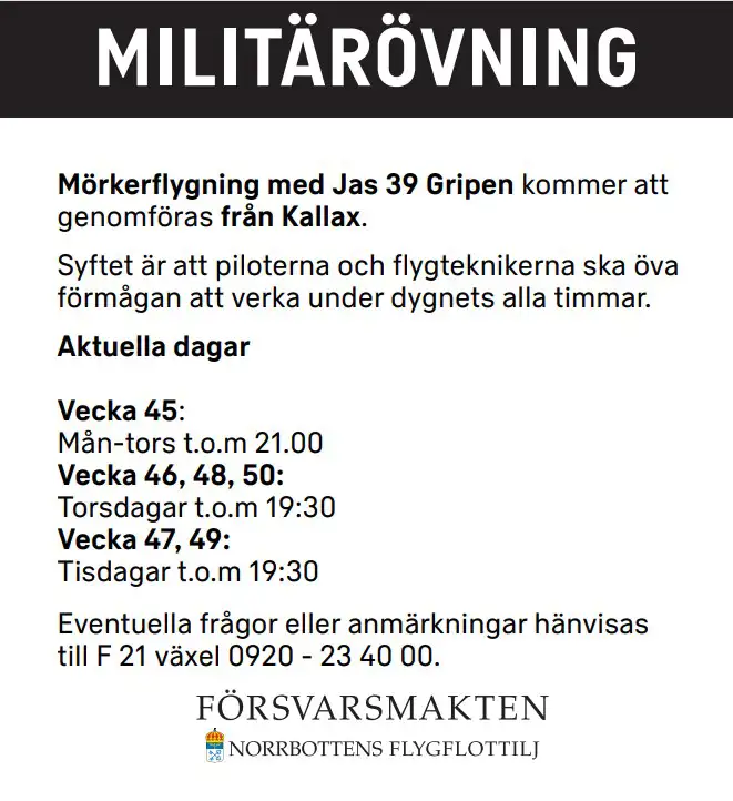 Annons för Militärövning och beskrivning av mörketflygning