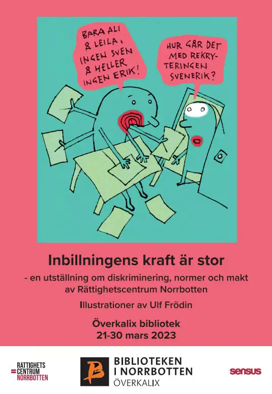 Bilden visar affisch med illustration och informationstext om utställningen Inbillningens kraft är stor