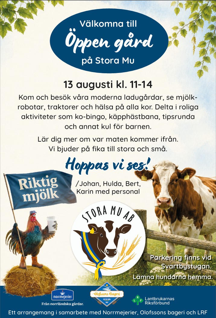 Förutom att träffa alla fina kor och se hur en mjölkgård ser ut och kan du under dagen också vara med i ko-bingo, käpphästbana, tipsrunda  och annat kul för barnen. Du får också lära dig mer om var maten kommer ifrån och vi bjuder på fika till stora och små Hälsningar  Johan, Hulda, Bert,  Karin med personal