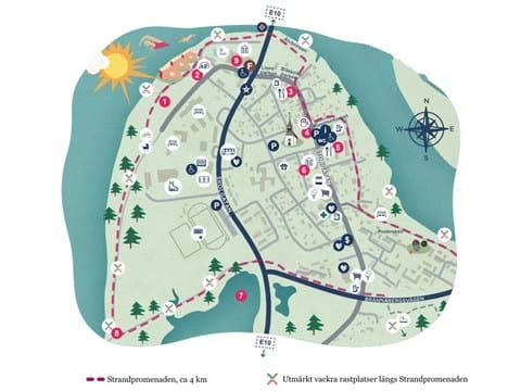 Grafisk karta över Överkalix centralort med vägar och promendstråk utmärkta