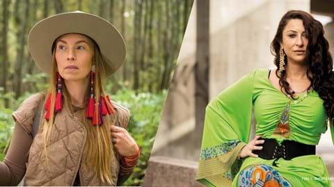 Bilden visar två kvinnor i olika miljöer i gröna och ljusbruna kläder