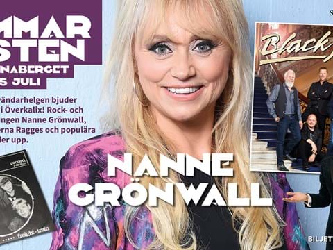 Affisch om sommarfesten med texten Den stora hemvändarhelgen bjuder på sommarfest i Överkalix. Rock och schlagerdrottningen Nanne Grönwall, 60 och 70-talsinkonerna Ragges och populära Black Jack bjuder upp.