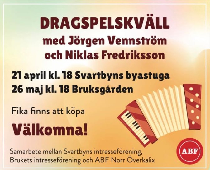 Dragspelskväll med Jörgen Vennström och Niklas Fredriksson i Bruksgården 26 maj klockan 18.00