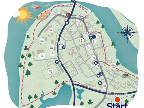 bilden visar en grafisk karta över Överkalix centralort med starten för en äggjakt märkt med en röd prick