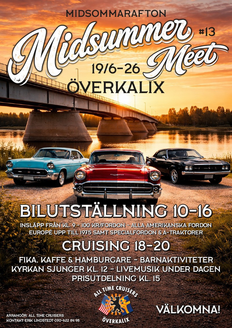 Midsummer meet med bilutställning, prisutdelning i olika kategorier, fika och hamburgare, barnaktiviteter och kyrkan sjunger. 