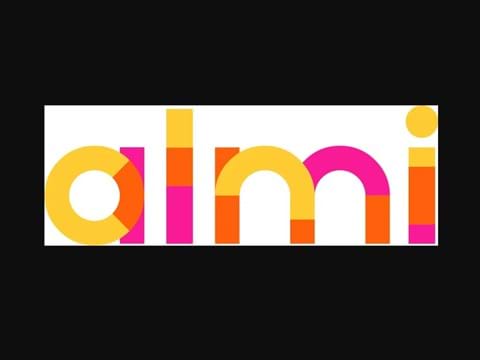 logotyp för Almi i gult, rosa och orange med en svart ram