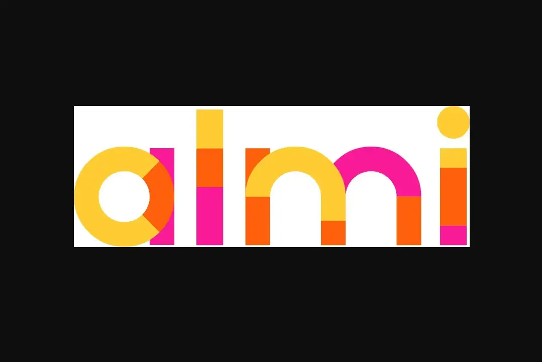 logotyp för Almi i gult, rosa och orange med en svart ram