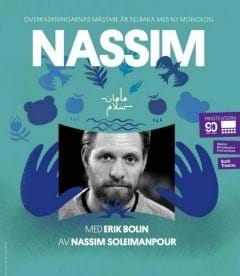 blågrön bakgrund med blåa detaljer och vit text där det står Nassim samt en bild på skåderpelaren Erik Bolin i svartvitt