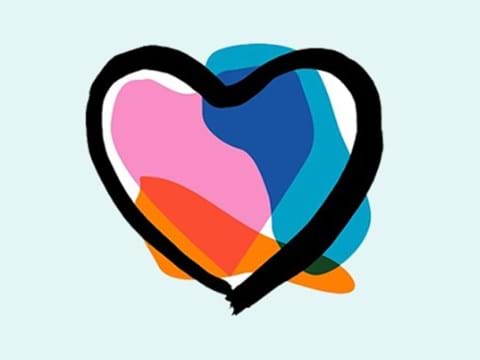 bilden visar ett tecknat hjärta i flera färger mot en ljublå bakgrund